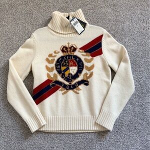 Ralph Lauren Cream Turtleneck Sweater with Crest and Red-Navy Stripes